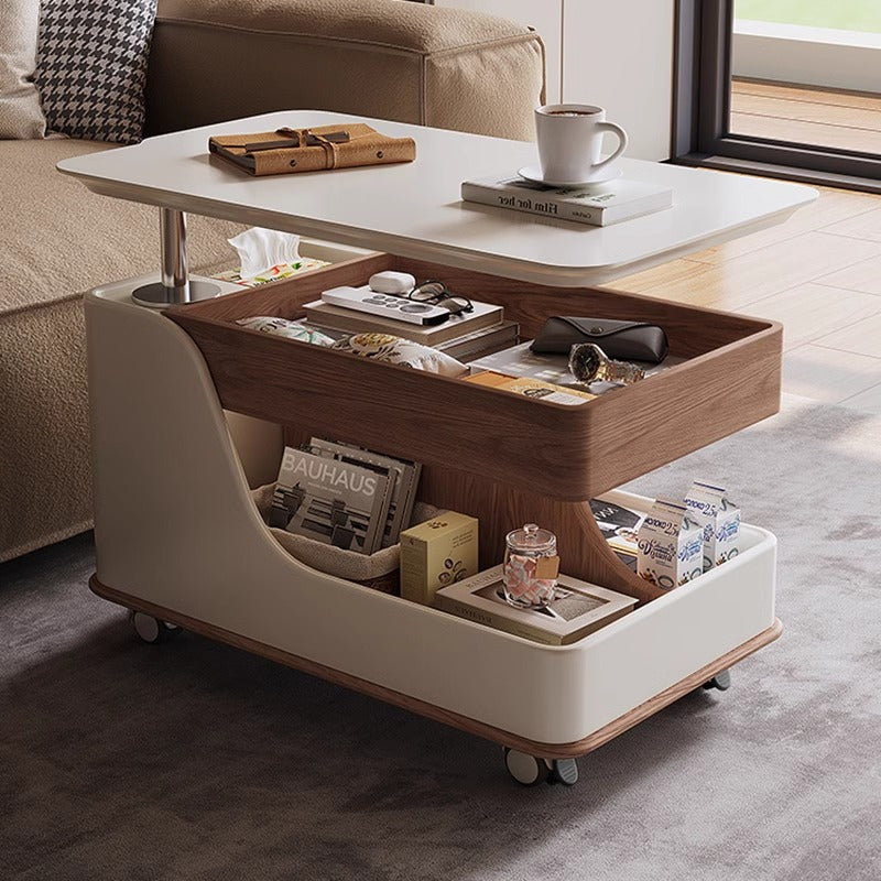 Contemporary Creative Sintered Stone Glass Engineered Wood Metal Rectangular Curved Coffee Table Lift-Top 3-Tier For Living Room