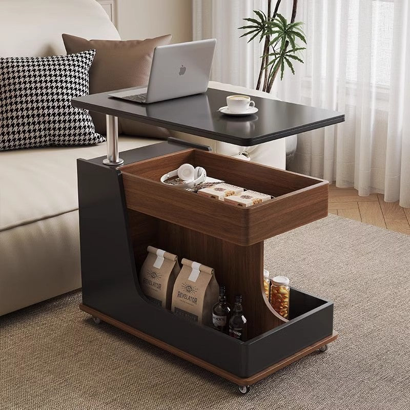Contemporary Creative Sintered Stone Glass Engineered Wood Metal Rectangular Curved Coffee Table Lift-Top 3-Tier For Living Room