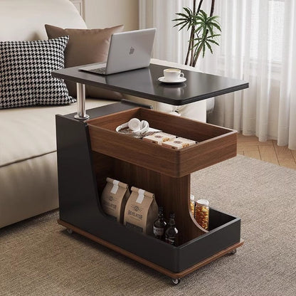 Contemporary Creative Sintered Stone Glass Engineered Wood Metal Rectangular Curved Coffee Table Lift-Top 3-Tier For Living Room
