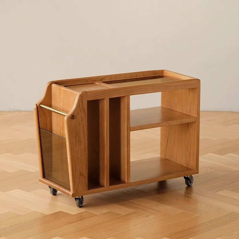 Traditional Vintage Cherry Wood Glass Metal Rectangular Mobile Side Table 3-Tier For Living Room