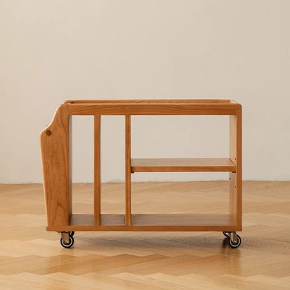 Traditional Vintage Cherry Wood Glass Metal Rectangular Mobile Side Table 3-Tier For Living Room