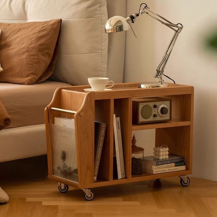 Traditional Vintage Cherry Wood Glass Metal Rectangular Mobile Side Table 3-Tier For Living Room