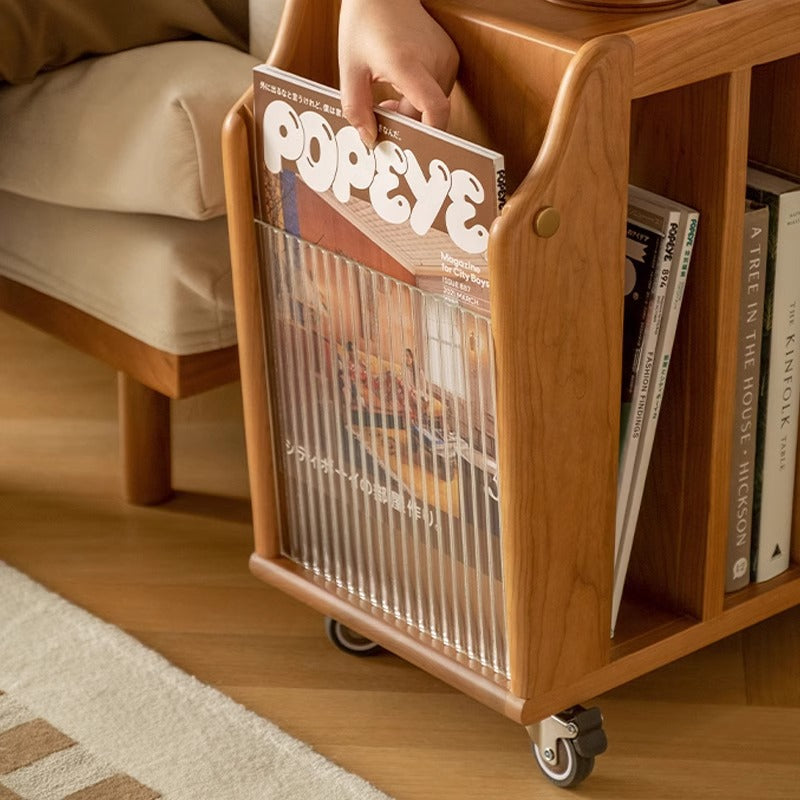 Traditional Vintage Cherry Wood Glass Metal Rectangular Mobile Side Table 3-Tier For Living Room