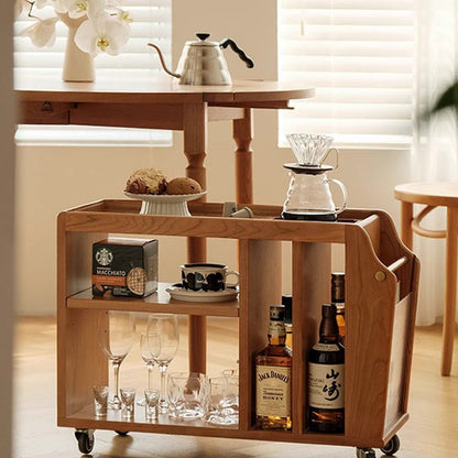 Traditional Vintage Cherry Wood Glass Metal Rectangular Mobile Side Table 3-Tier For Living Room