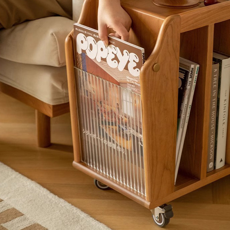 Traditional Vintage Cherry Wood Glass Metal Rectangular Mobile Side Table 3-Tier For Living Room