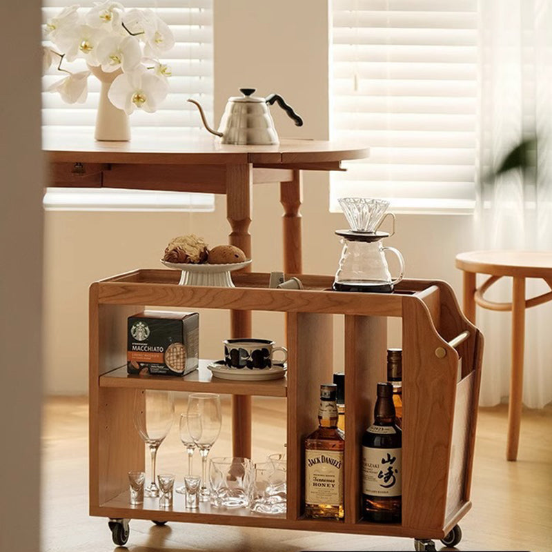 Traditional Vintage Cherry Wood Glass Metal Rectangular Mobile Side Table 3-Tier For Living Room