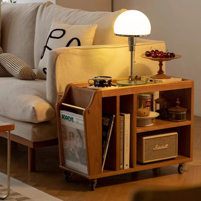 Traditional Vintage Cherry Wood Glass Metal Rectangular Mobile Side Table 3-Tier For Living Room