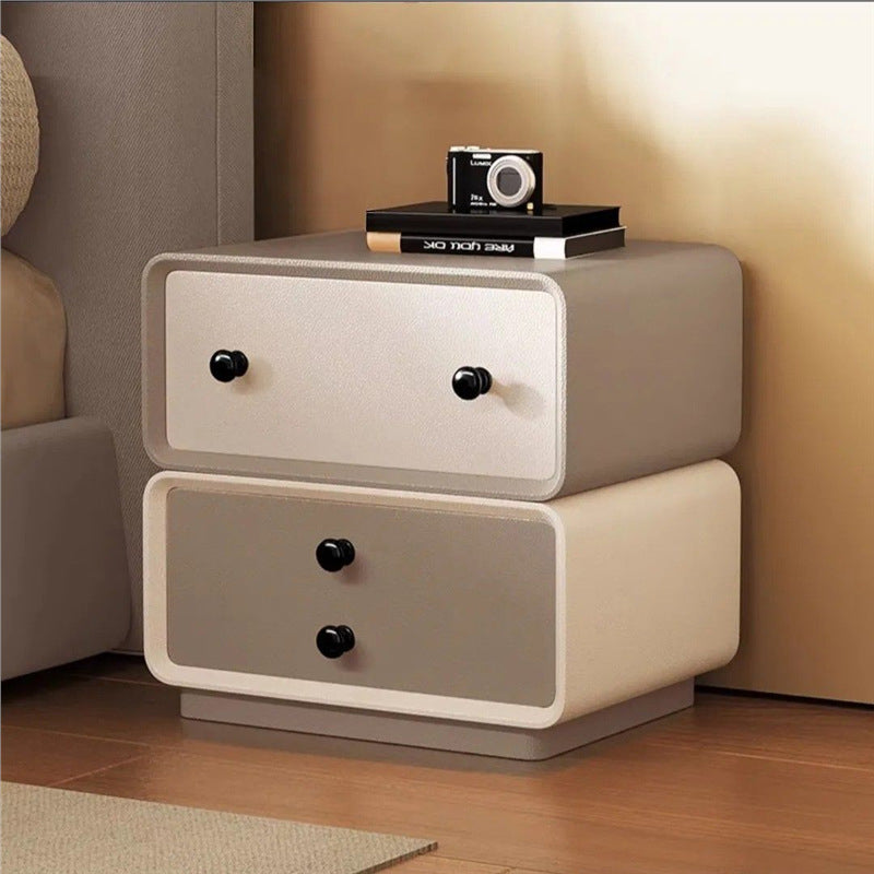 Contemporary Creative Solid Wood Microfiber Leather Rounded Square Nightstand 2-Drawer For Bedroom