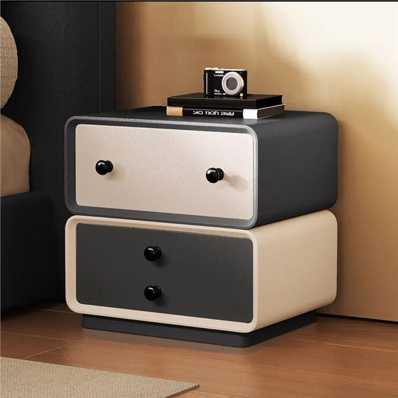 Contemporary Creative Solid Wood Microfiber Leather Rounded Square Nightstand 2-Drawer For Bedroom