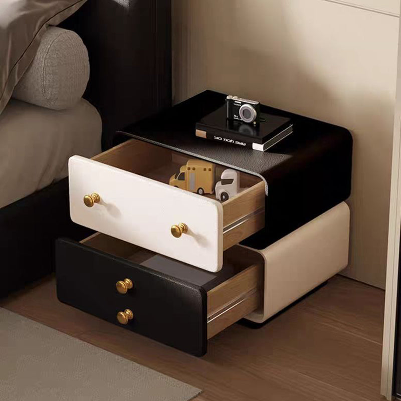 Contemporary Creative Solid Wood Microfiber Leather Rounded Square Nightstand 2-Drawer For Bedroom