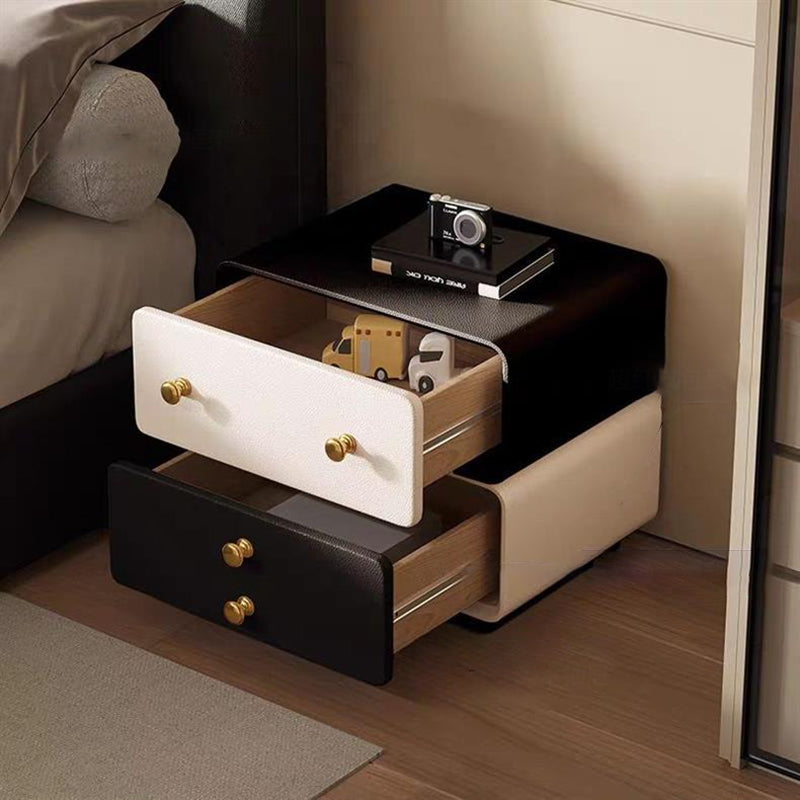 Contemporary Creative Solid Wood Microfiber Leather Rounded Square Nightstand 2-Drawer For Bedroom