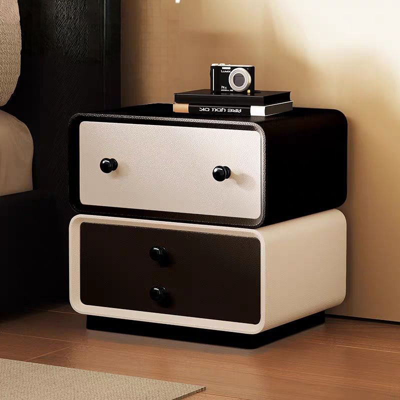 Contemporary Creative Solid Wood Microfiber Leather Rounded Square Nightstand 2-Drawer For Bedroom