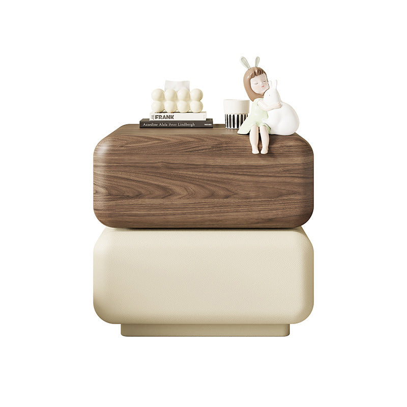 Traditional Chinese Solid Wood Cat-Scratch-Resistant Leather Rotating Rounded Square Nightstand 2-Drawer For Bedroom