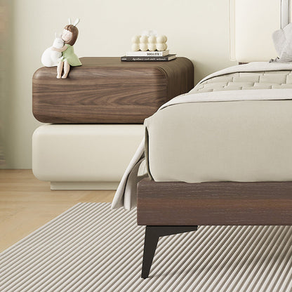 Traditional Chinese Solid Wood Cat-Scratch-Resistant Leather Rotating Rounded Square Nightstand 2-Drawer For Bedroom