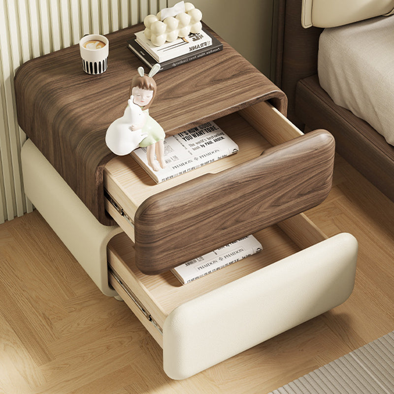 Traditional Chinese Solid Wood Cat-Scratch-Resistant Leather Rotating Rounded Square Nightstand 2-Drawer For Bedroom