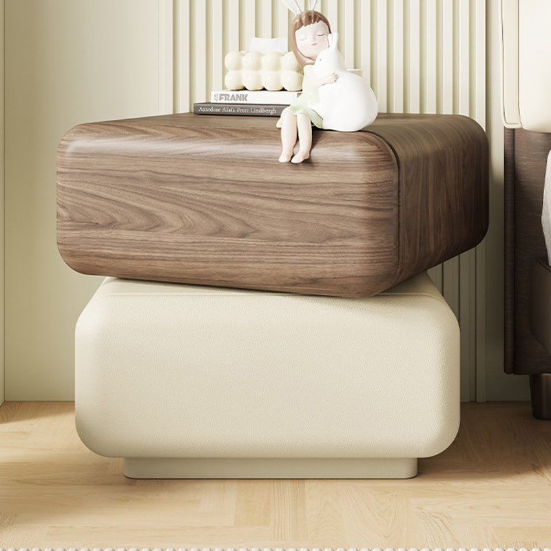 Traditional Chinese Solid Wood Cat-Scratch-Resistant Leather Rotating Rounded Square Nightstand 2-Drawer For Bedroom