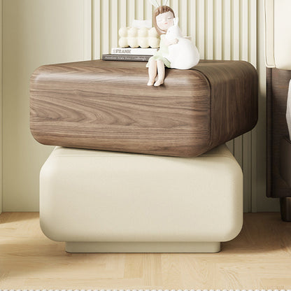 Traditional Chinese Solid Wood Cat-Scratch-Resistant Leather Rotating Rounded Square Nightstand 2-Drawer For Bedroom