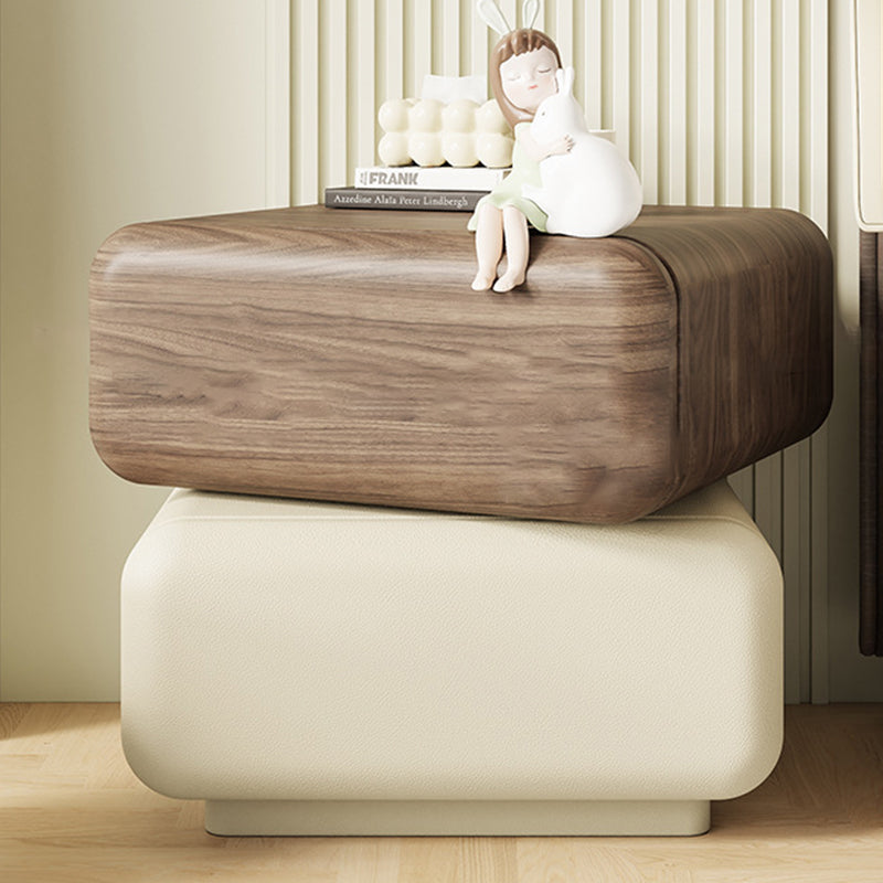 Traditional Chinese Solid Wood Cat-Scratch-Resistant Leather Rotating Rounded Square Nightstand 2-Drawer For Bedroom