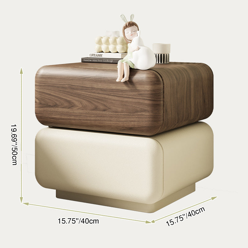 Traditional Chinese Solid Wood Cat-Scratch-Resistant Leather Rotating Rounded Square Nightstand 2-Drawer For Bedroom