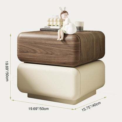 Traditional Chinese Solid Wood Cat-Scratch-Resistant Leather Rotating Rounded Square Nightstand 2-Drawer For Bedroom