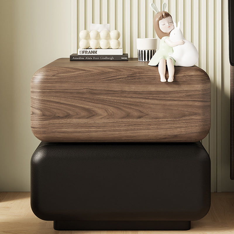 Traditional Chinese Solid Wood Cat-Scratch-Resistant Leather Rotating Rounded Square Nightstand 2-Drawer For Bedroom