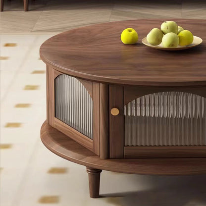 Traditional Japanese Black Walnut Glass Round Roman-Column Coffee Table 1-Tier For Living Room