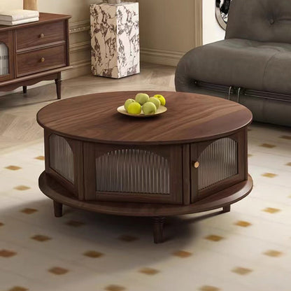 Traditional Japanese Black Walnut Glass Round Roman-Column Coffee Table 1-Tier For Living Room