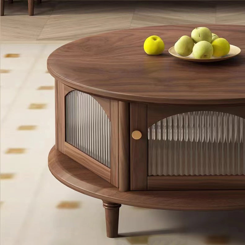 Traditional Japanese Black Walnut Glass Round Roman-Column Coffee Table 1-Tier For Living Room