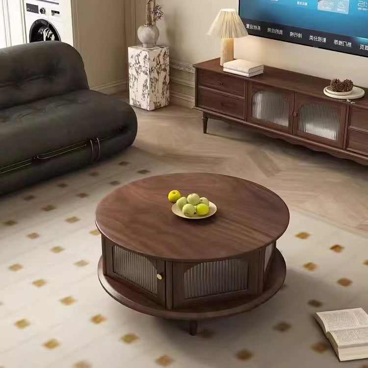 Traditional Japanese Black Walnut Glass Round Roman-Column Coffee Table 1-Tier For Living Room