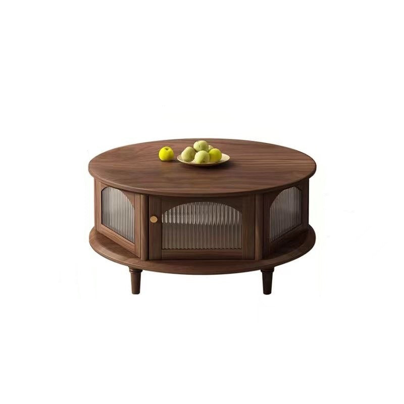 Traditional Japanese Black Walnut Glass Round Roman-Column Coffee Table 1-Tier For Living Room