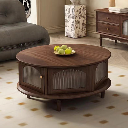 Traditional Japanese Black Walnut Glass Round Roman-Column Coffee Table 1-Tier For Living Room