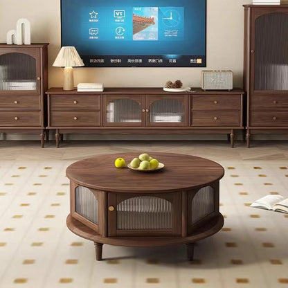 Traditional Japanese Black Walnut Glass Round Roman-Column Coffee Table 1-Tier For Living Room