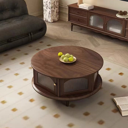 Traditional Japanese Black Walnut Glass Round Roman-Column Coffee Table 1-Tier For Living Room