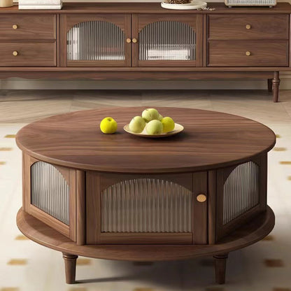 Traditional Japanese Black Walnut Glass Round Roman-Column Coffee Table 1-Tier For Living Room
