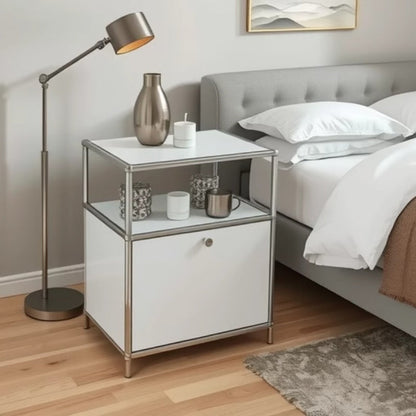 Modern Minimalist Stainless Steel Engineered Wood Square Nightstand With 1 Drawer For Bedroom