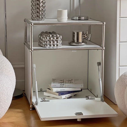 Modern Minimalist Stainless Steel Engineered Wood Square Nightstand With 1 Drawer For Bedroom