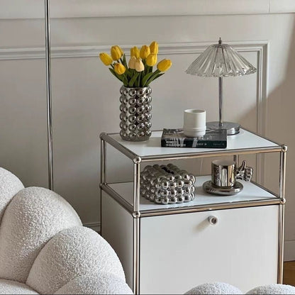 Modern Minimalist Stainless Steel Engineered Wood Square Nightstand With 1 Drawer For Bedroom