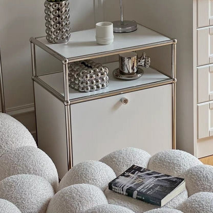 Modern Minimalist Stainless Steel Engineered Wood Square Nightstand With 1 Drawer For Bedroom