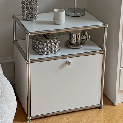 Modern Minimalist Stainless Steel Engineered Wood Square Nightstand With 1 Drawer For Bedroom