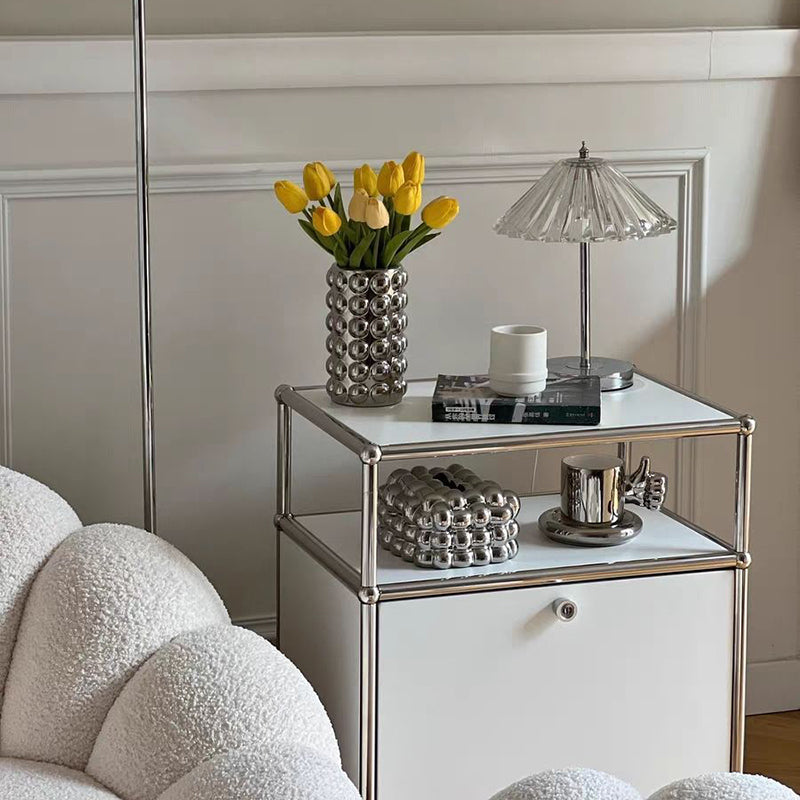 Modern Minimalist Stainless Steel Engineered Wood Square Nightstand With 1 Drawer For Bedroom