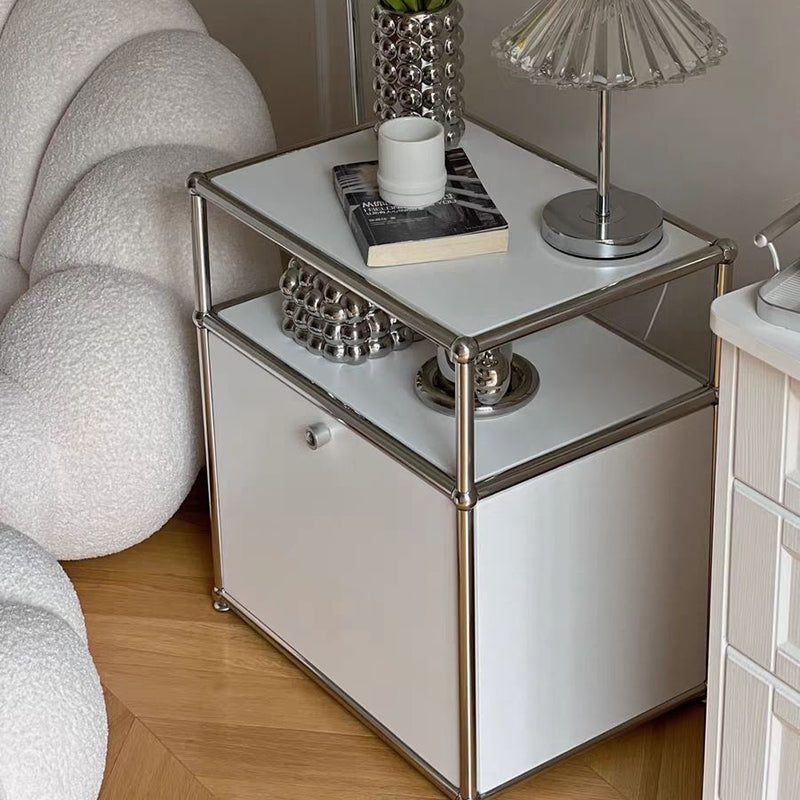 Modern Minimalist Stainless Steel Engineered Wood Square Nightstand With 1 Drawer For Bedroom