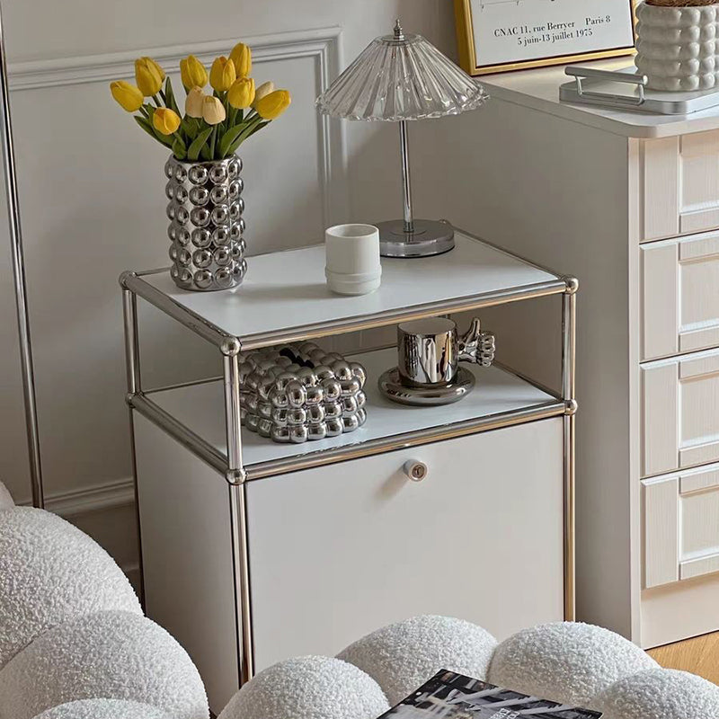 Modern Minimalist Stainless Steel Engineered Wood Square Nightstand With 1 Drawer For Bedroom