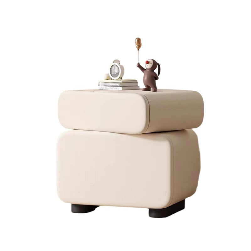 Traditional Chinese Microfiber Leather Solid Wood Rounded Oval Square Nightstand With 2 Drawers For Bedroom