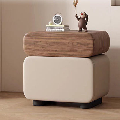Traditional Chinese Microfiber Leather Solid Wood Rounded Oval Square Nightstand With 2 Drawers For Bedroom