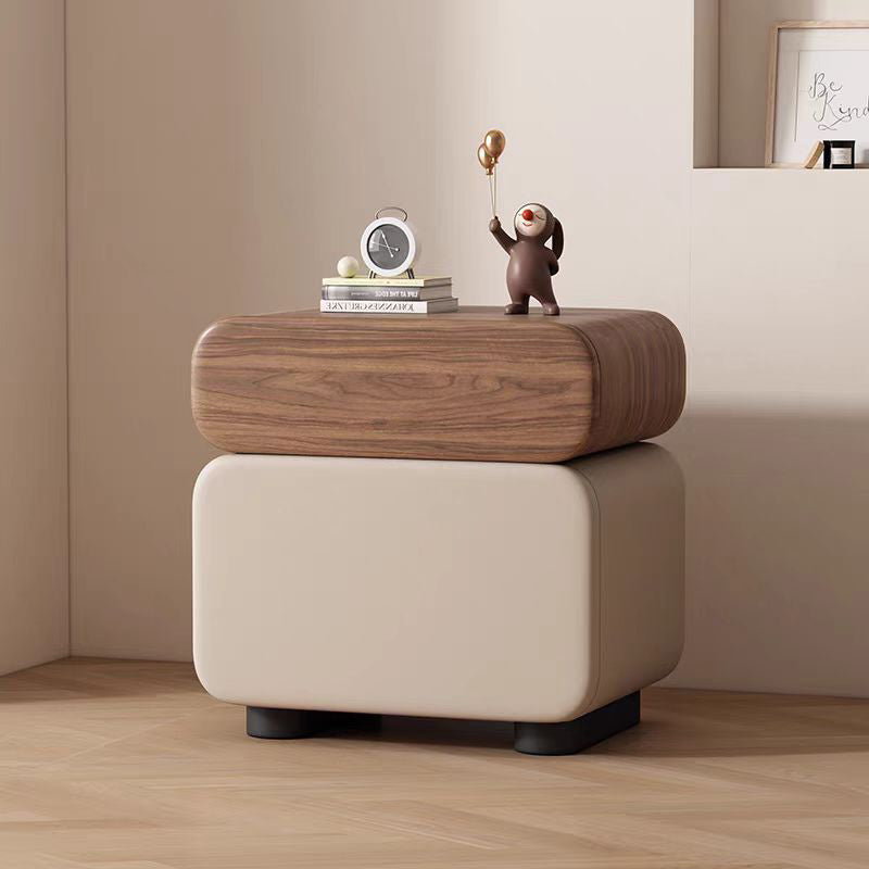 Traditional Chinese Microfiber Leather Solid Wood Rounded Oval Square Nightstand With 2 Drawers For Bedroom