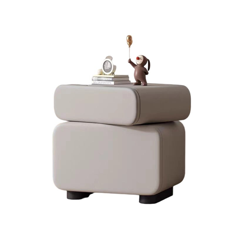 Traditional Chinese Microfiber Leather Solid Wood Rounded Oval Square Nightstand With 2 Drawers For Bedroom