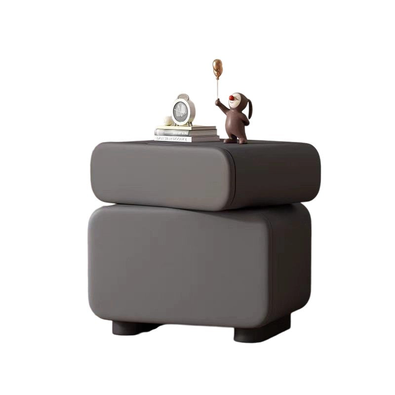 Traditional Chinese Microfiber Leather Solid Wood Rounded Oval Square Nightstand With 2 Drawers For Bedroom