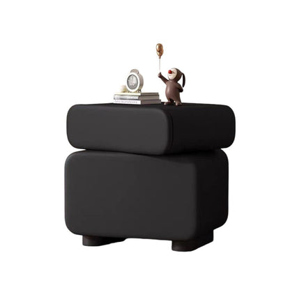 Traditional Chinese Microfiber Leather Solid Wood Rounded Oval Square Nightstand With 2 Drawers For Bedroom