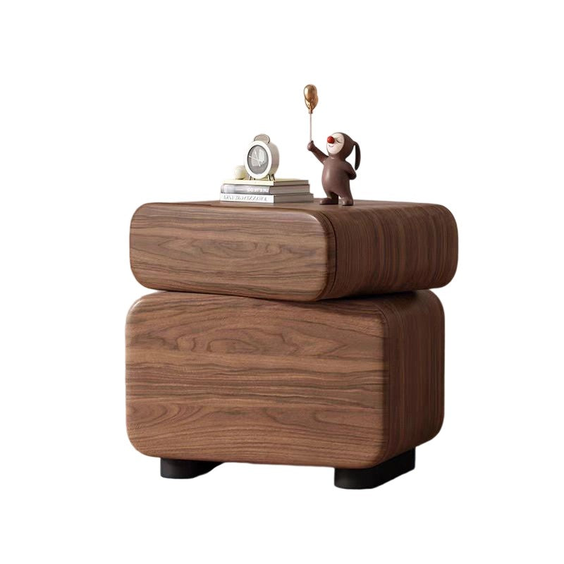 Traditional Chinese Microfiber Leather Solid Wood Rounded Oval Square Nightstand With 2 Drawers For Bedroom