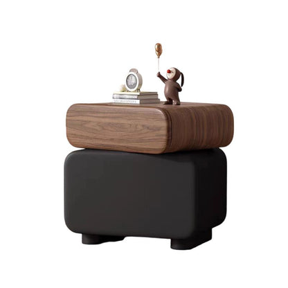 Traditional Chinese Microfiber Leather Solid Wood Rounded Oval Square Nightstand With 2 Drawers For Bedroom
